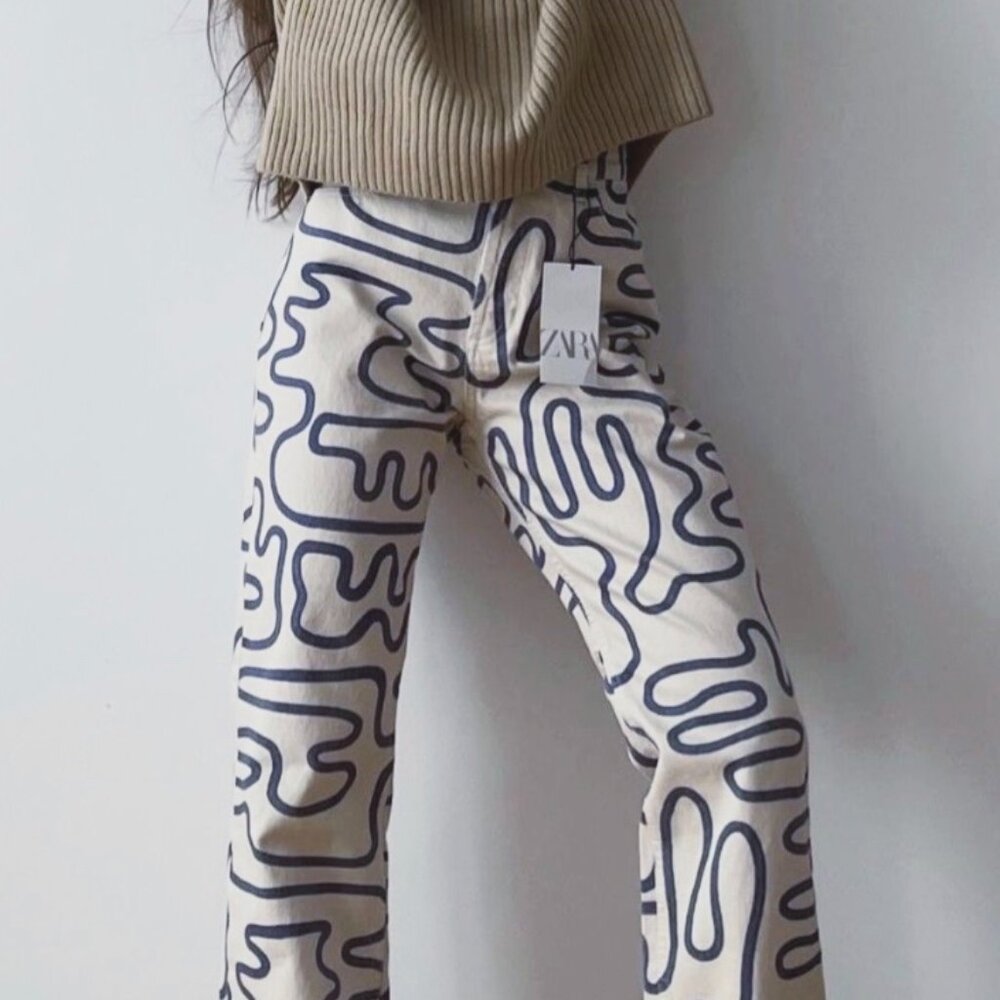 Zara Cream Pants with Navy Abstract Print